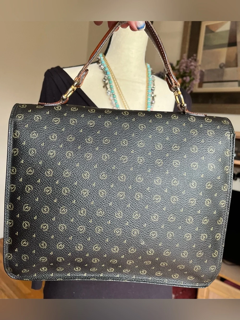 Pollini vintage black monogram leather satchel